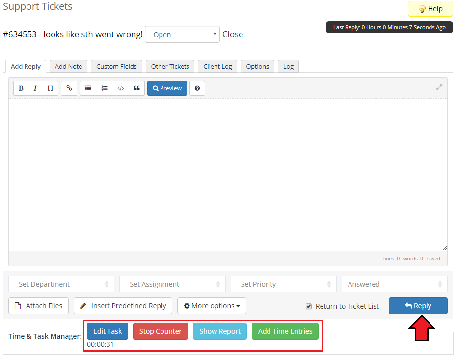 Time And Task Manager For WHMCS: WHMCS ticket page with the running counter, Stop Counter button and Reply button