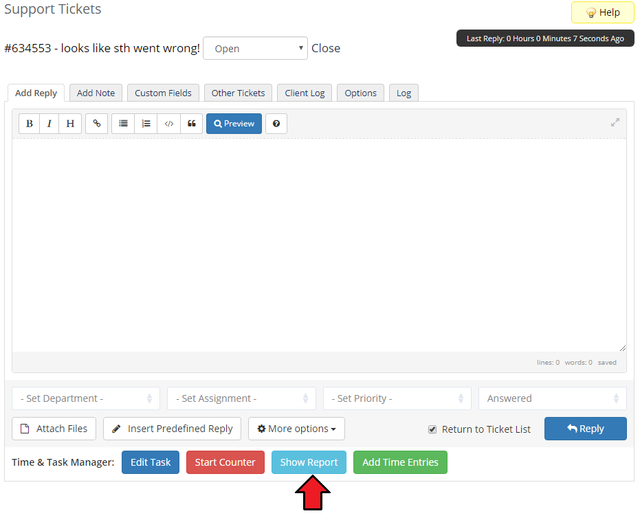 Time And Task Manager For WHMCS: WHMCS ticket page with the Show Report button of Time & Task Manager