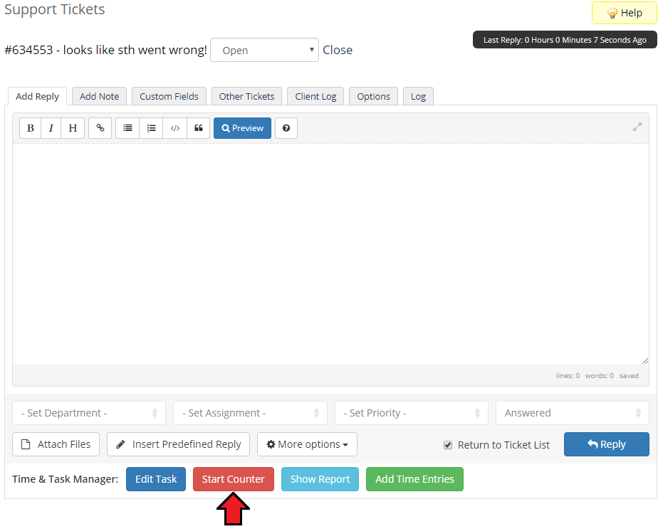 Time And Task Manager For WHMCS: WHMCS ticket page with the Start Counter button of Time & Task Manager
