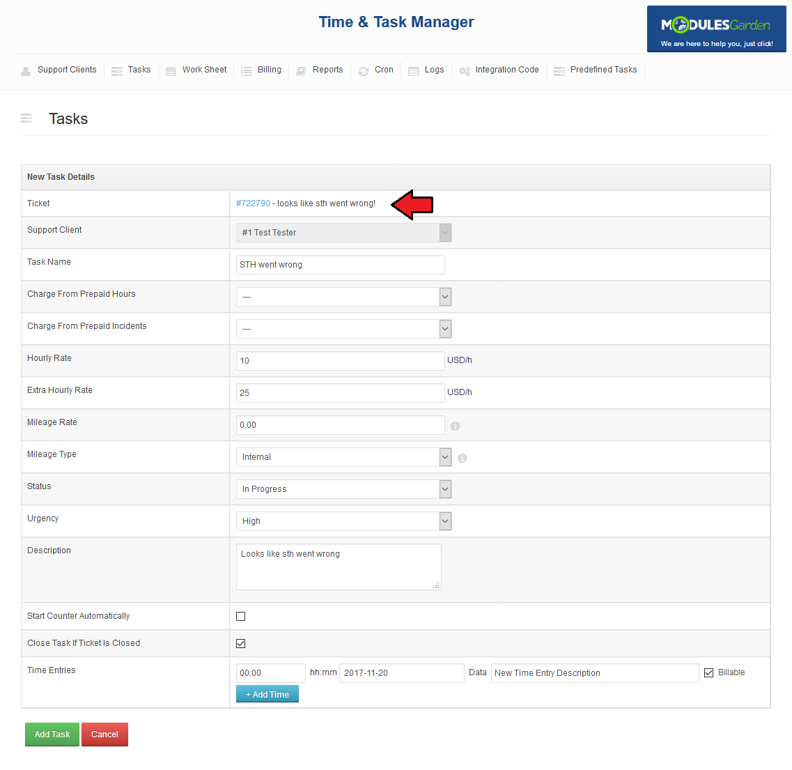 Time And Task Manager For WHMCS: New Task form created from a support ticket with a direct link to the ticket