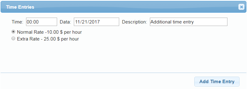Time And Task Manager For WHMCS: Time Entries dialog with time, date, description, rate choice and Add Time Entry button