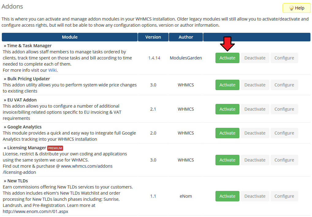 Time And Task Manager For WHMCS: WHMCS Addon Modules list with the Activate button next to Time & Task Manager