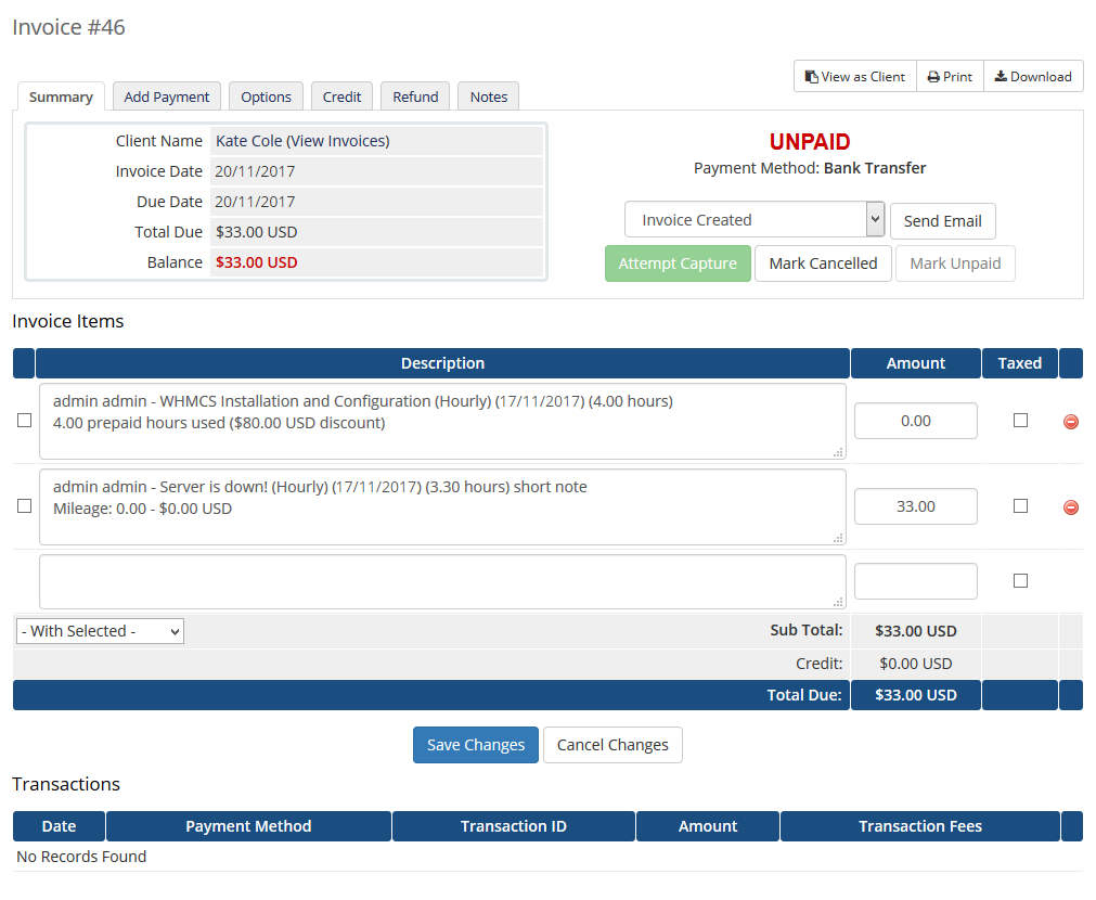 Time And Task Manager For WHMCS: WHMCS admin invoice with time entries as items for client Kate Cole and prepaid
