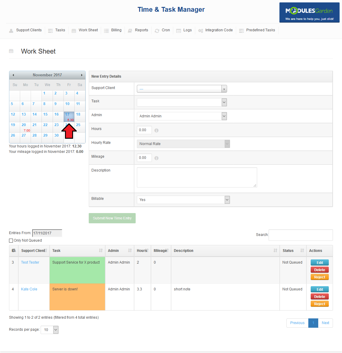 Time And Task Manager For WHMCS: Work Sheet calendar with an arrow on a selected day and the tasks listed for that day