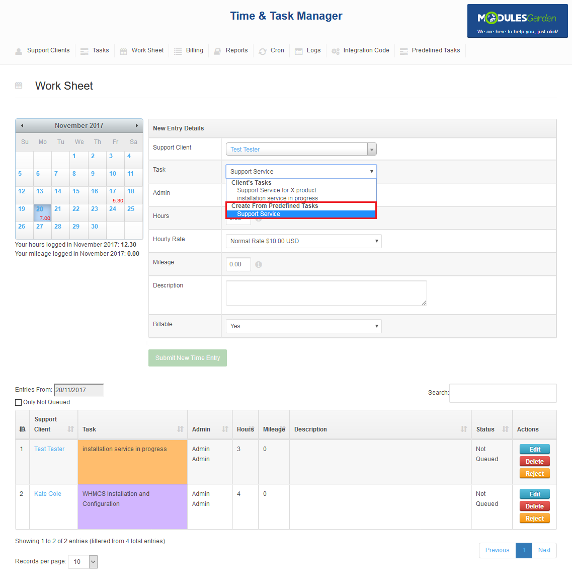 Time And Task Manager For WHMCS: Work Sheet new entry form with the task list showing Create From Predefined Tasks