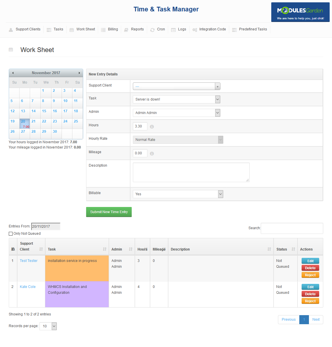 Time And Task Manager For WHMCS: Work Sheet tab with the calendar, the New Entry Details form and the list of time