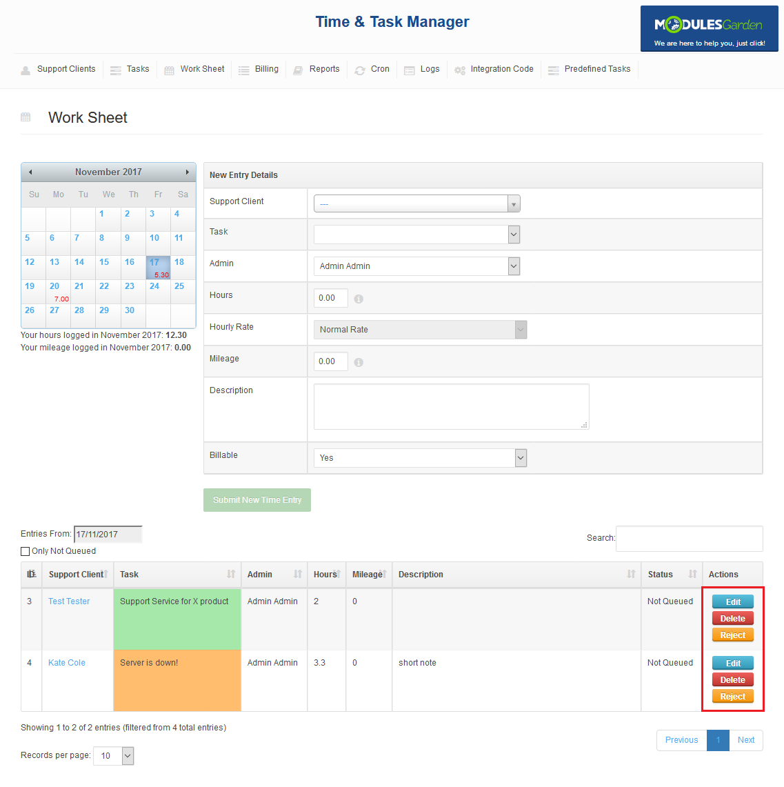 Time And Task Manager For WHMCS: Work Sheet page with the calendar, new entry form and Edit, Delete and Reject buttons