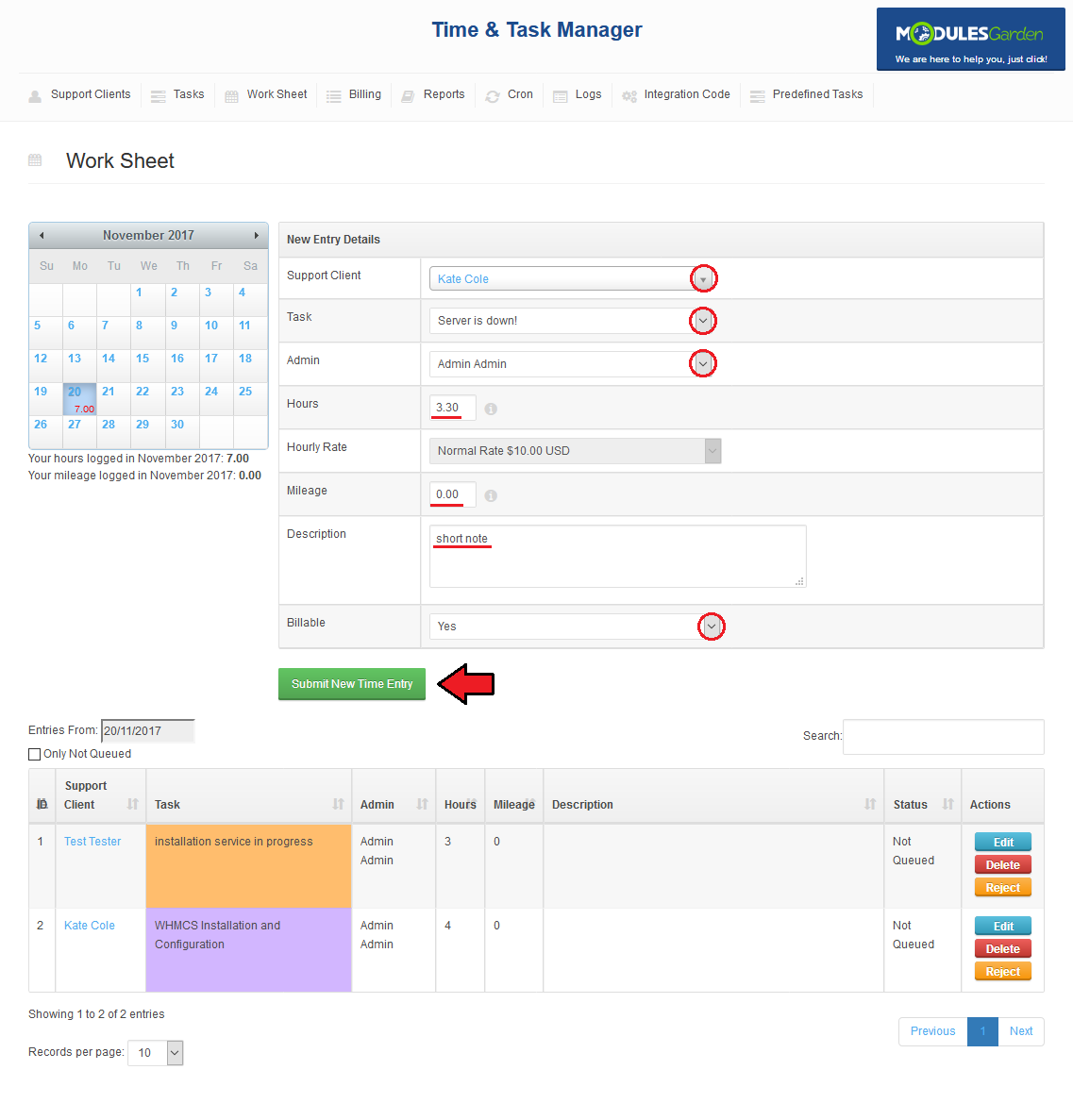 Time And Task Manager For WHMCS: Work Sheet entry form filled in for Kate Cole with the Submit New Time Entry button