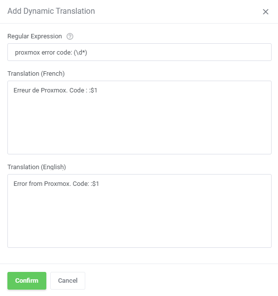 Translations Tool: Add Dynamic Translation modal with a regular expression and French and English translation fields