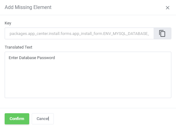 Translations Tool: Add Missing Element modal with the read-only key and the Translated Text field filled in