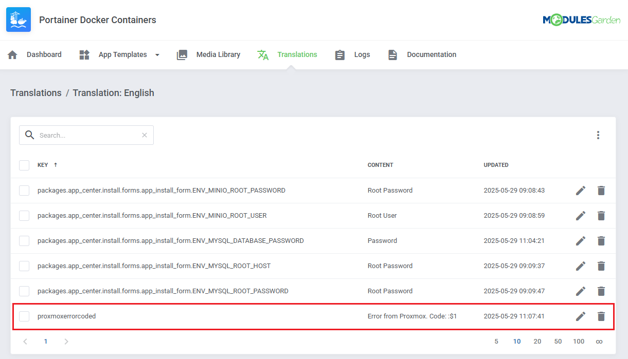 Translations Tool: Translation: English list with the proxmoxerrorcoded key and its translated content highlighted