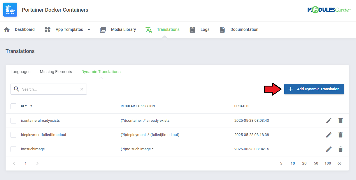 Translations Tool: Dynamic Translations tab with existing regex rules and the Add Dynamic Translation button