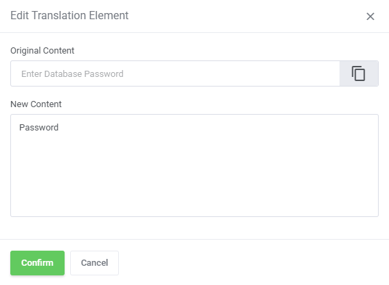 Translations Tool: English translation list with the added ENV_MYSQL_DATABASE_PASSWORD element highlighted and edited