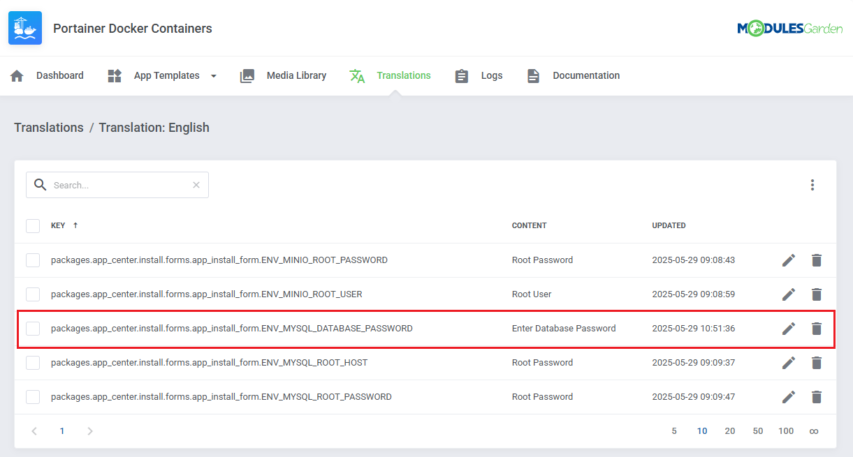 Translations Tool: Translation: English list with the newly added missing element highlighted in red