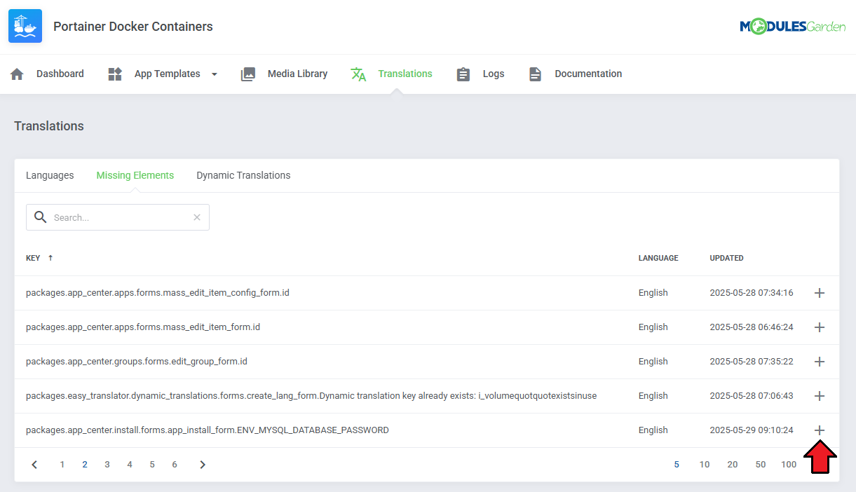 Translations Tool: Missing Elements tab with the list of untranslated keys and the plus icon to add one