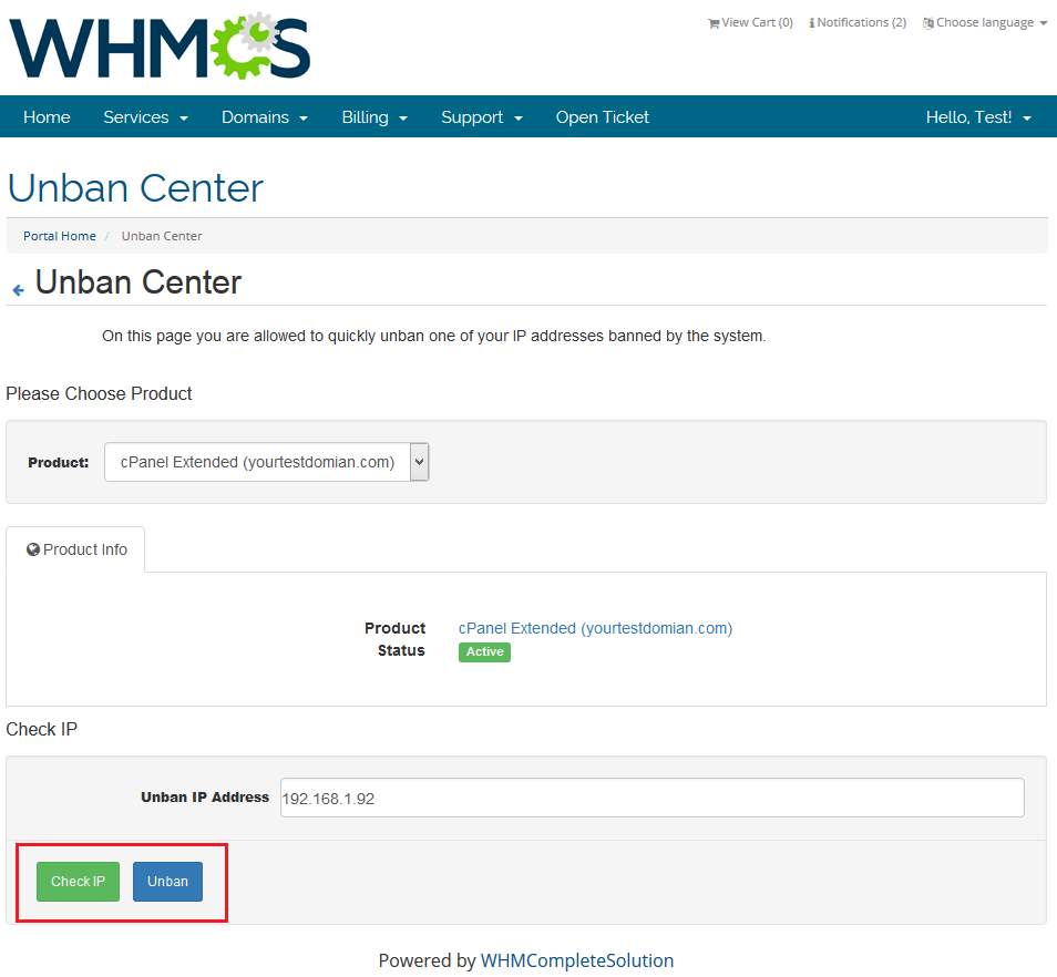 Unban Center 1.X For WHMCS: client area Unban Center page with the unban IP address field and Check IP and Unban buttons