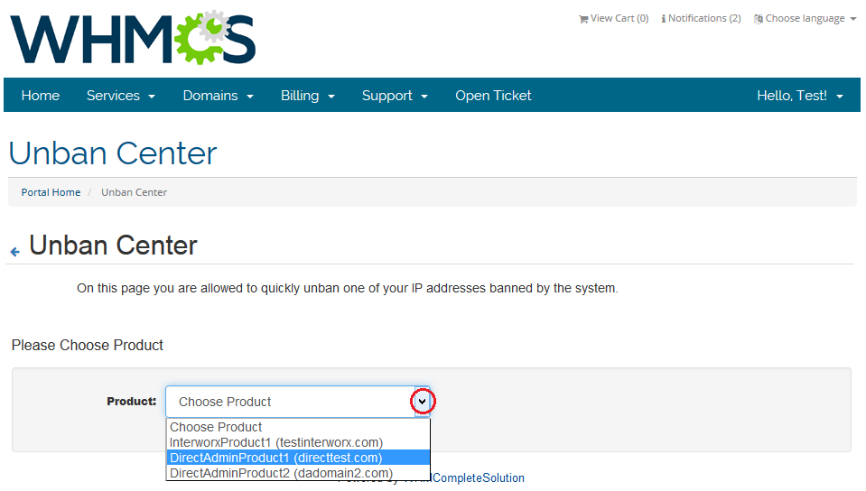 Unban Center 1.X For WHMCS: client area Unban Center page with the product drop-down list open to choose a product