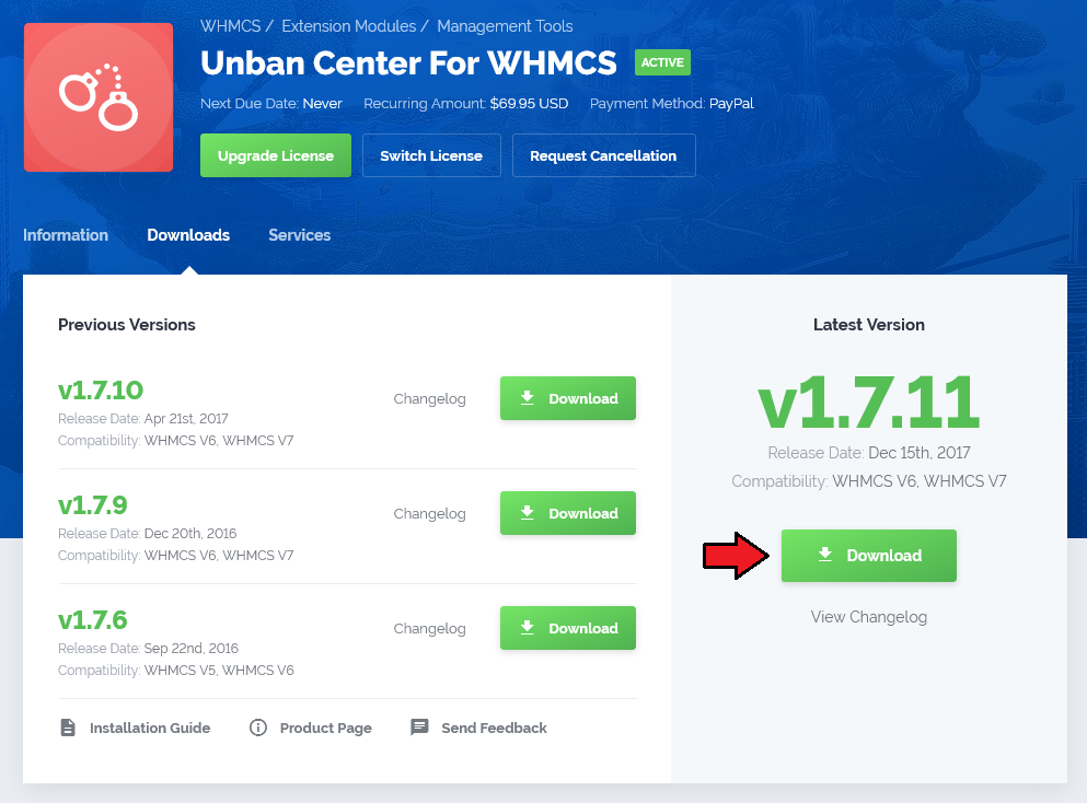 Unban Center 1.X For WHMCS: client area product page with the Downloads tab and the latest version Download button