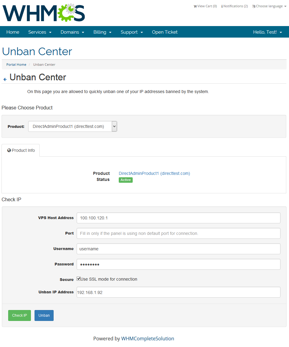 Unban Center 1.X For WHMCS: client area Unban Center page with product status and VPS host, port and login fields
