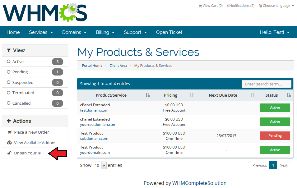 Unban Center 1.X For WHMCS: client area My Products and Services page with the Unban Your IP link in the Actions menu