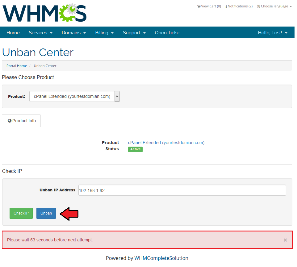 Unban Center 1.X For WHMCS: client area Unban Center with an error message asking to wait 53 seconds before the next