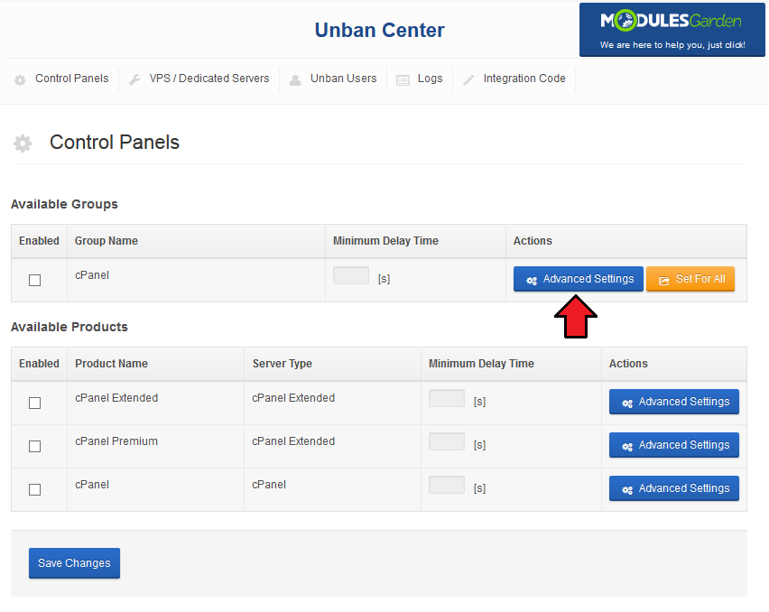 Unban Center 1.X For WHMCS: Control Panels tab with the Advanced Settings button next to the cPanel product group