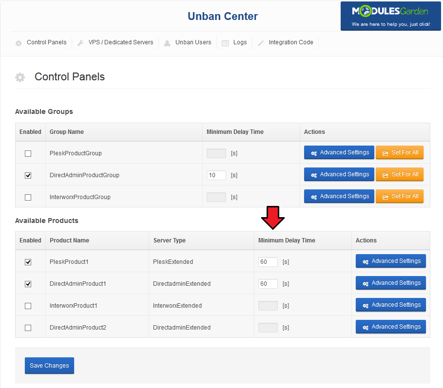 Unban Center 1.X For WHMCS: admin Control Panels tab with products enabled and the Minimum Delay Time column highlighted