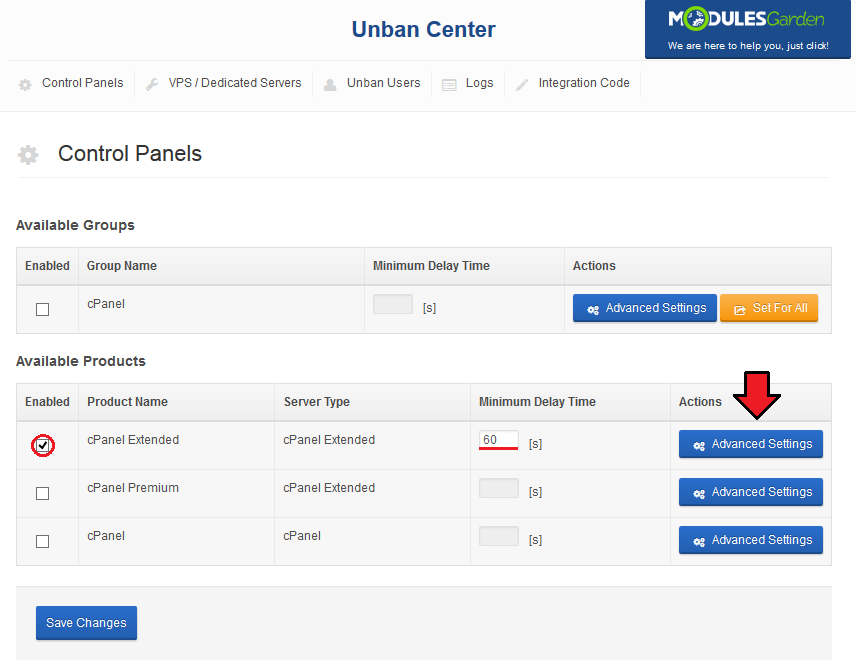 Unban Center 1.X For WHMCS: Control Panels tab with a product enabled, minimum delay time set and Advanced Settings