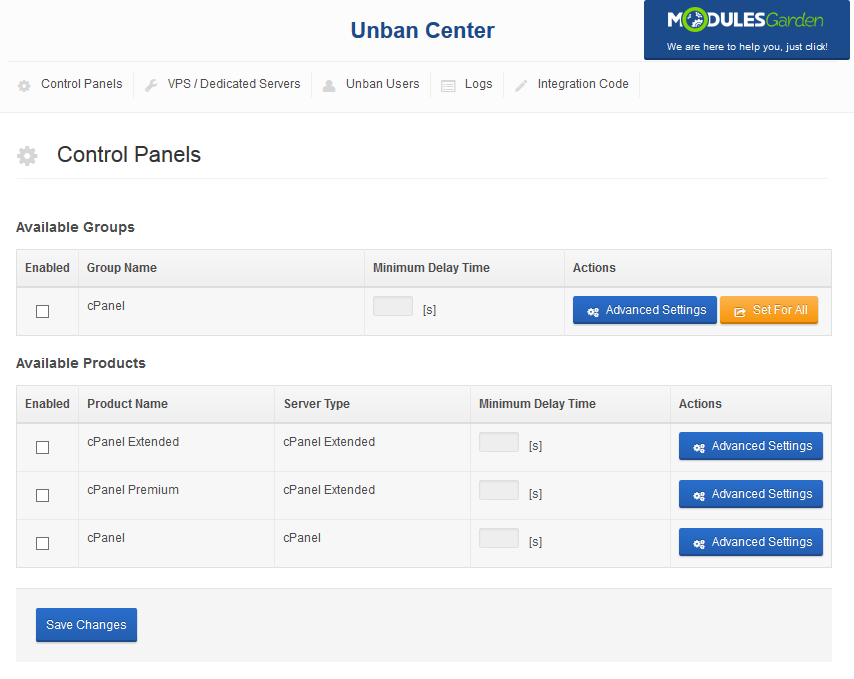 Unban Center 1.X For WHMCS: module Control Panels tab in WHMCS admin showing available groups and available products