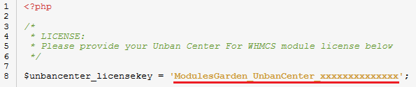Unban Center 1.X For WHMCS: license.php file open in an editor with the license key entered between quotation marks
