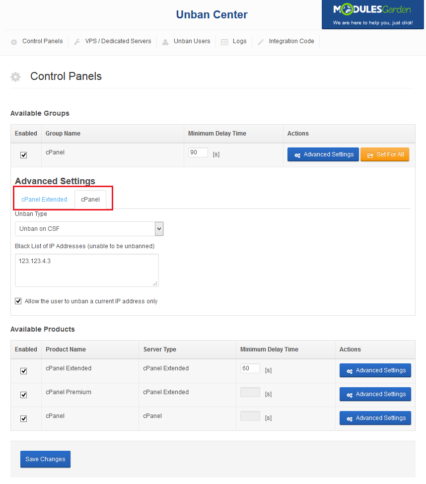 Unban Center 1.X For WHMCS: group Advanced Settings with separate cPanel Extended and cPanel tabs for unban options
