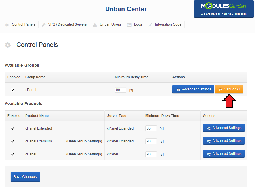 Unban Center 1.X For WHMCS: Control Panels tab with the Set For All button next to the product group highlighted