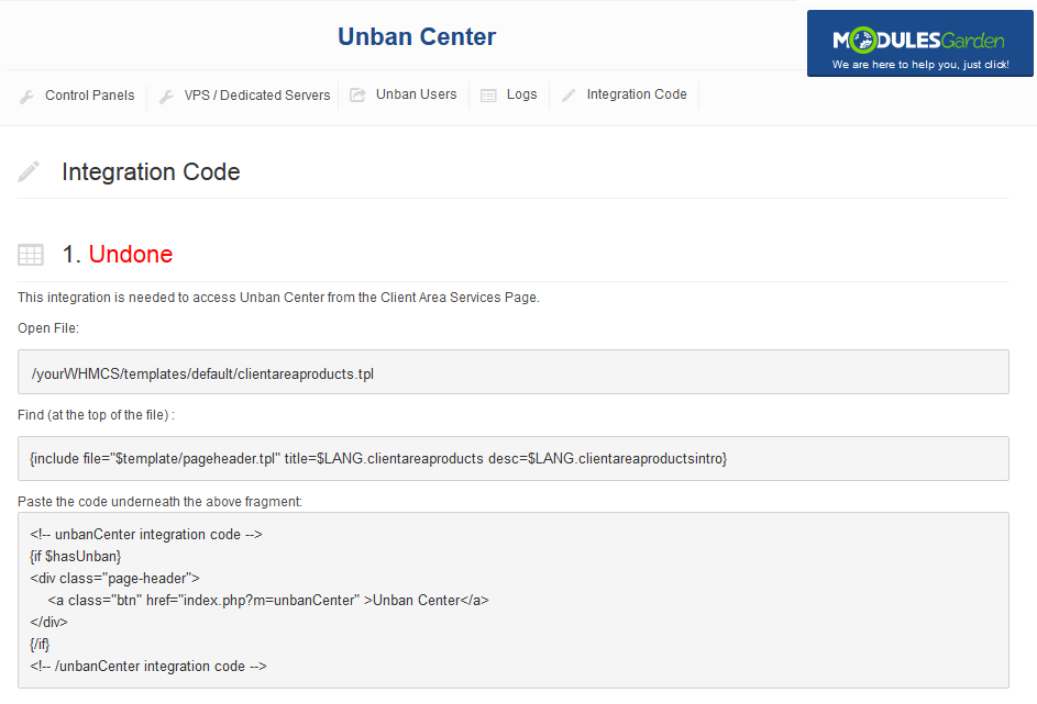 Unban Center 1.X For WHMCS: module Integration Code tab with status Undone and the clientareaproducts.tpl code to paste