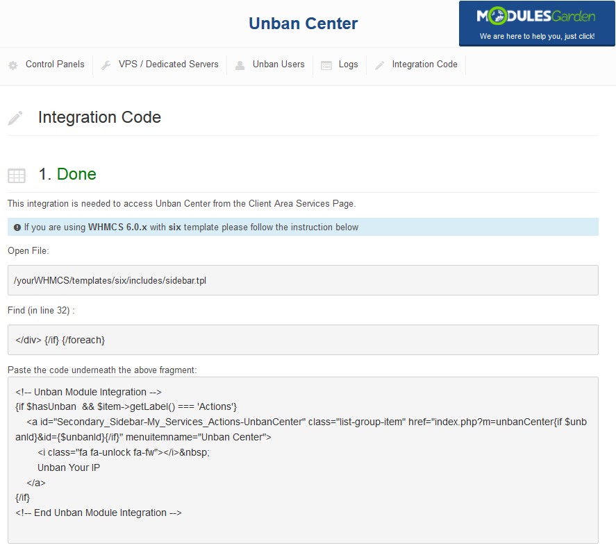 Unban Center 1.X For WHMCS: module Integration Code tab with status Done and the WHMCS 6 six template sidebar.tpl code
