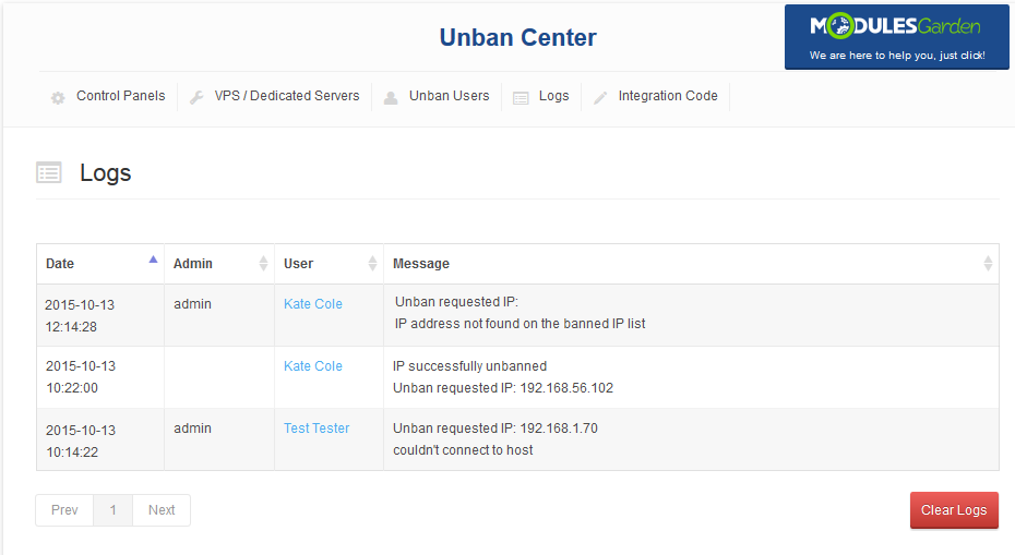 Unban Center 1.X For WHMCS: module Logs tab in the admin area with date, admin, user, message columns and Clear Logs