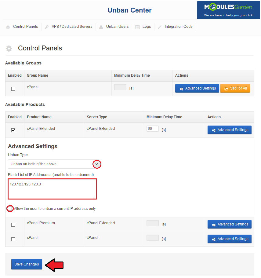 Unban Center 1.X For WHMCS: product Advanced Settings with Unban Type, black list of IP addresses and the Save Changes