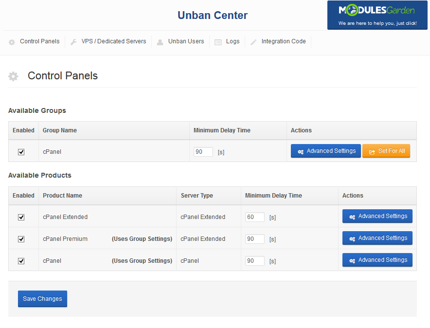 Unban Center 1.X For WHMCS: Control Panels tab with products marked Uses Group Settings and a group delay of 90 seconds