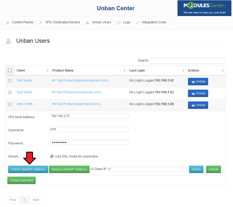 Unban Center 1.X For WHMCS: Unban Users tab with the Check Client IP Address button highlighted
