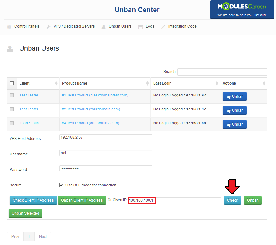 Unban Center 1.X For WHMCS: Unban Users tab with a given IP address typed in and the Check button highlighted