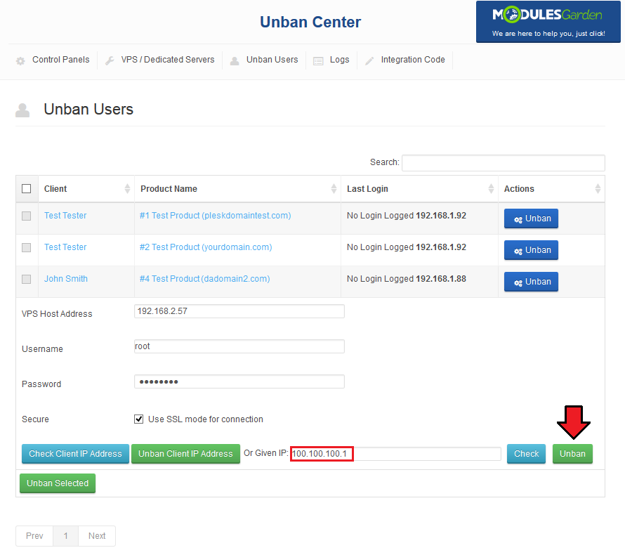 Unban Center 1.X For WHMCS: Unban Users tab with a given IP address typed in and the Unban button highlighted