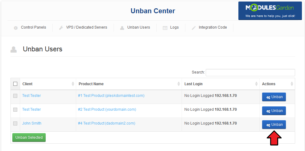 Unban Center 1.X For WHMCS: Unban Users tab in the admin area listing clients with the Unban button for one row