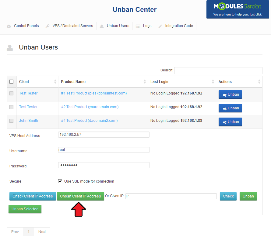 Unban Center 1.X For WHMCS: Unban Users tab with the Unban Client IP Address button highlighted