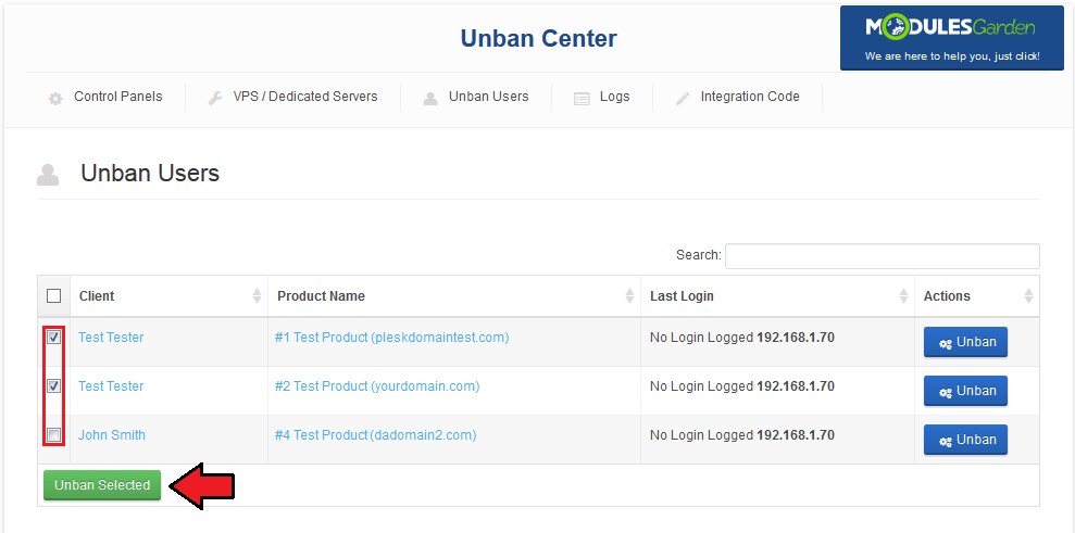 Unban Center 1.X For WHMCS: Unban Users tab with two accounts selected by checkbox and the Unban Selected button