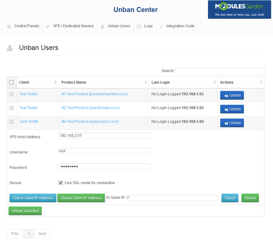 Unban Center 1.X For WHMCS: Unban Users tab with VPS host address, username, password and SSL connection fields filled