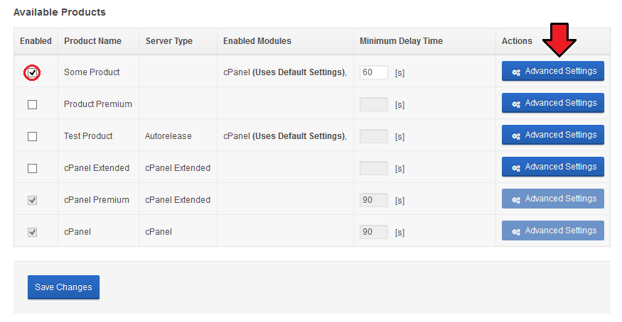 Unban Center 1.X For WHMCS: VPS / Dedicated Servers tab with a product enabled and its Advanced Settings button