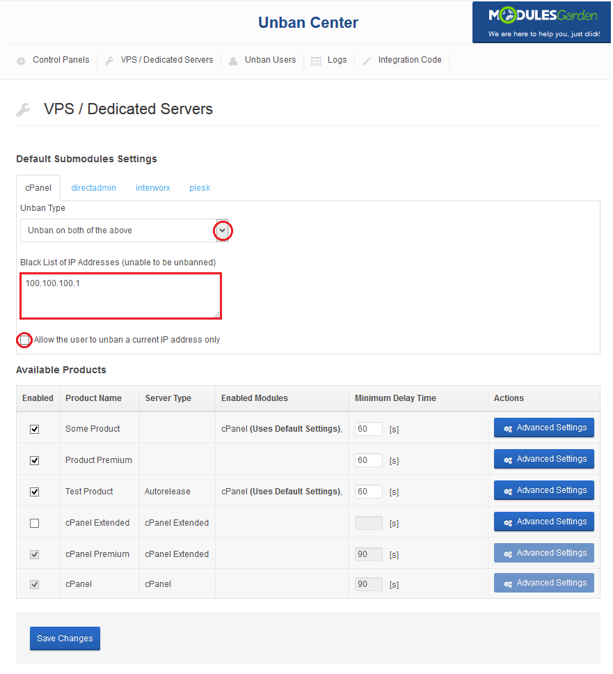 Unban Center 1.X For WHMCS: VPS / Dedicated Servers tab with default cPanel submodule settings and an IP black list