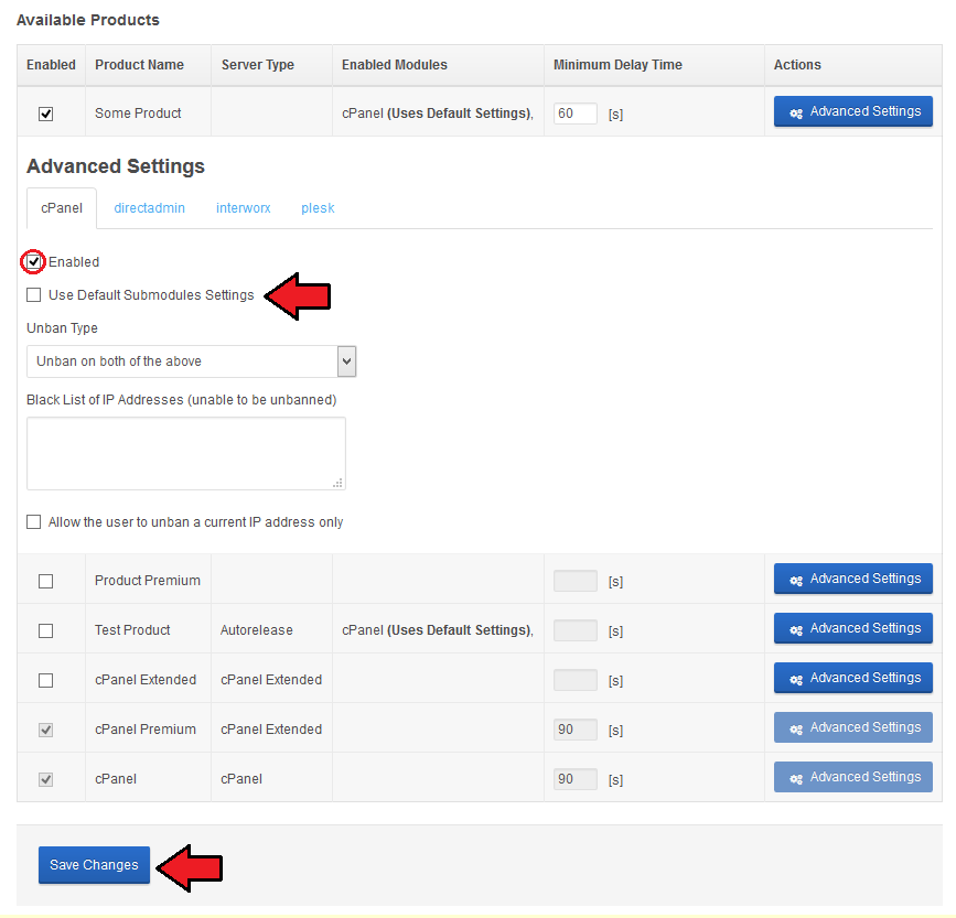 Unban Center 1.X For WHMCS: VPS product Advanced Settings with Use Default Submodules Settings unchecked, Save Changes