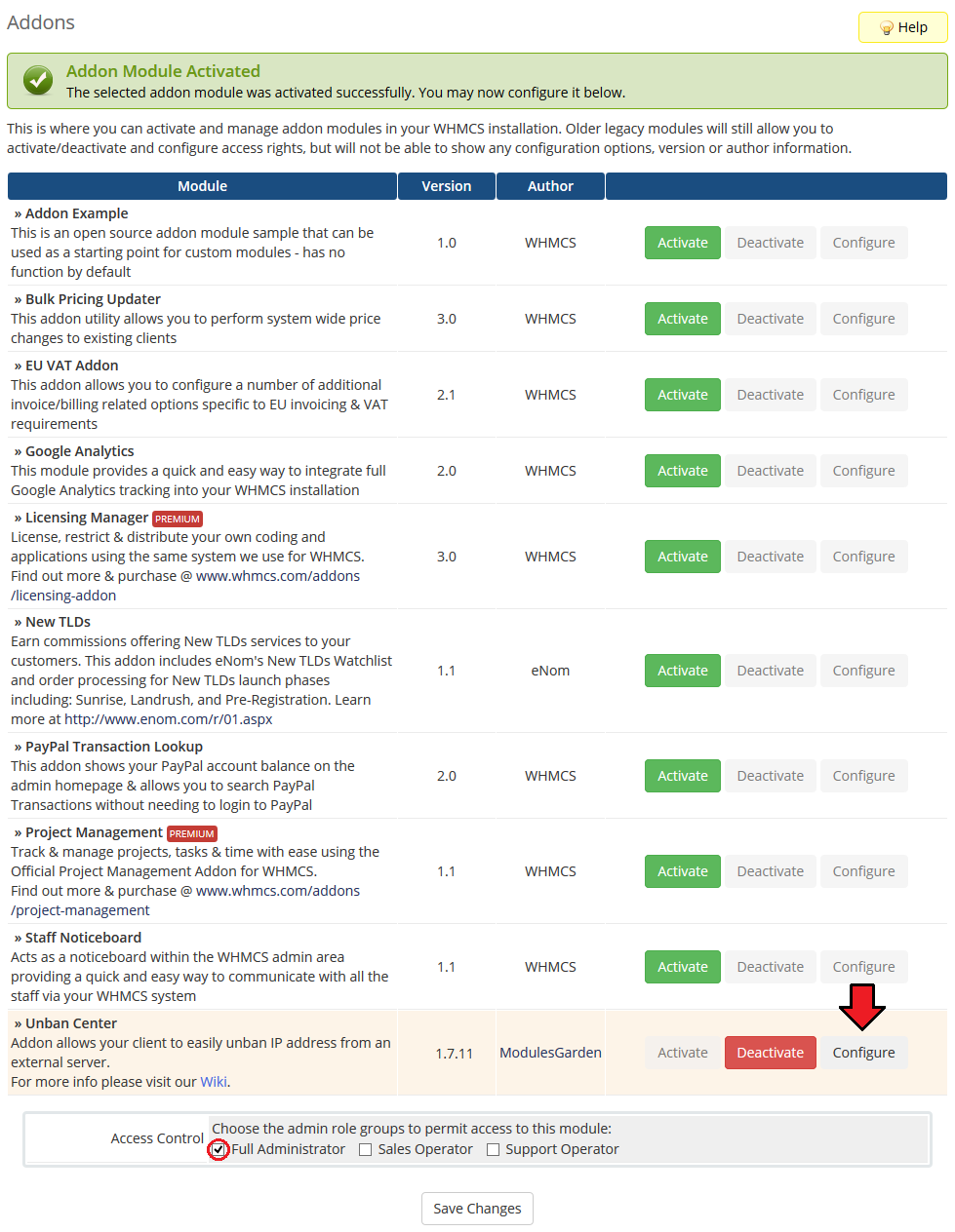 Unban Center 1.X For WHMCS: WHMCS admin Addons list after activation with Full Administrator access control and Save