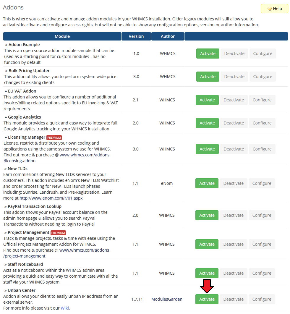Unban Center 1.X For WHMCS: WHMCS admin Addons list with the Unban Center module and its Activate button highlighted