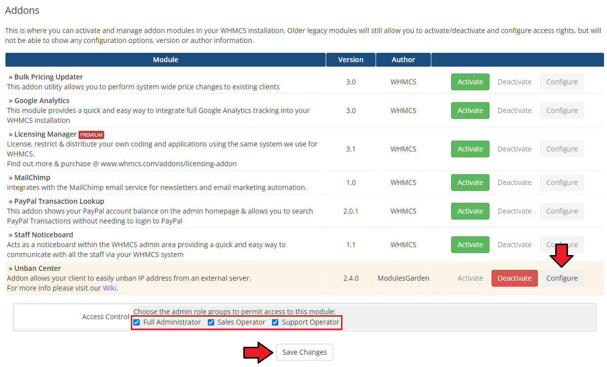 Unban Center For WHMCS: WHMCS Addon Modules access control with admin role groups ticked and the Save Changes button